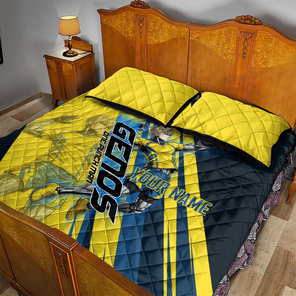 Personalized Genos Volleyball Design Quilt Bed Set with Yellow and Blue Athletic Theme and Dynamic Spike Pose