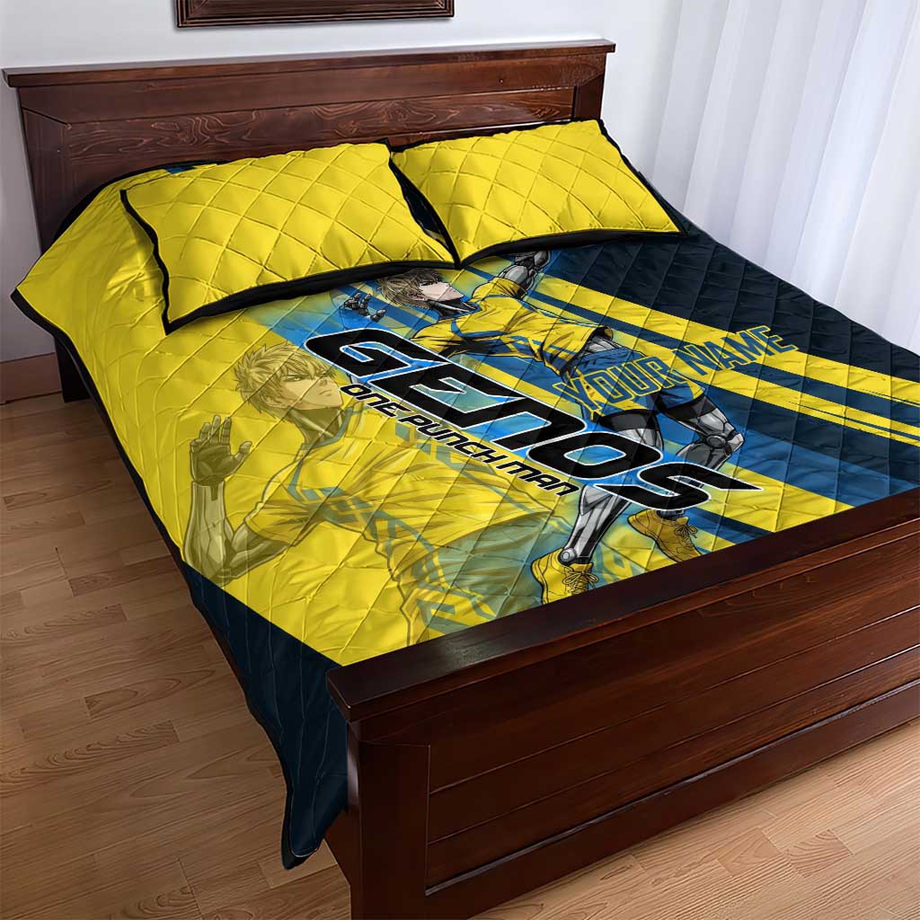 Personalized Genos Volleyball Design Quilt Bed Set with Yellow and Blue Athletic Theme and Dynamic Spike Pose