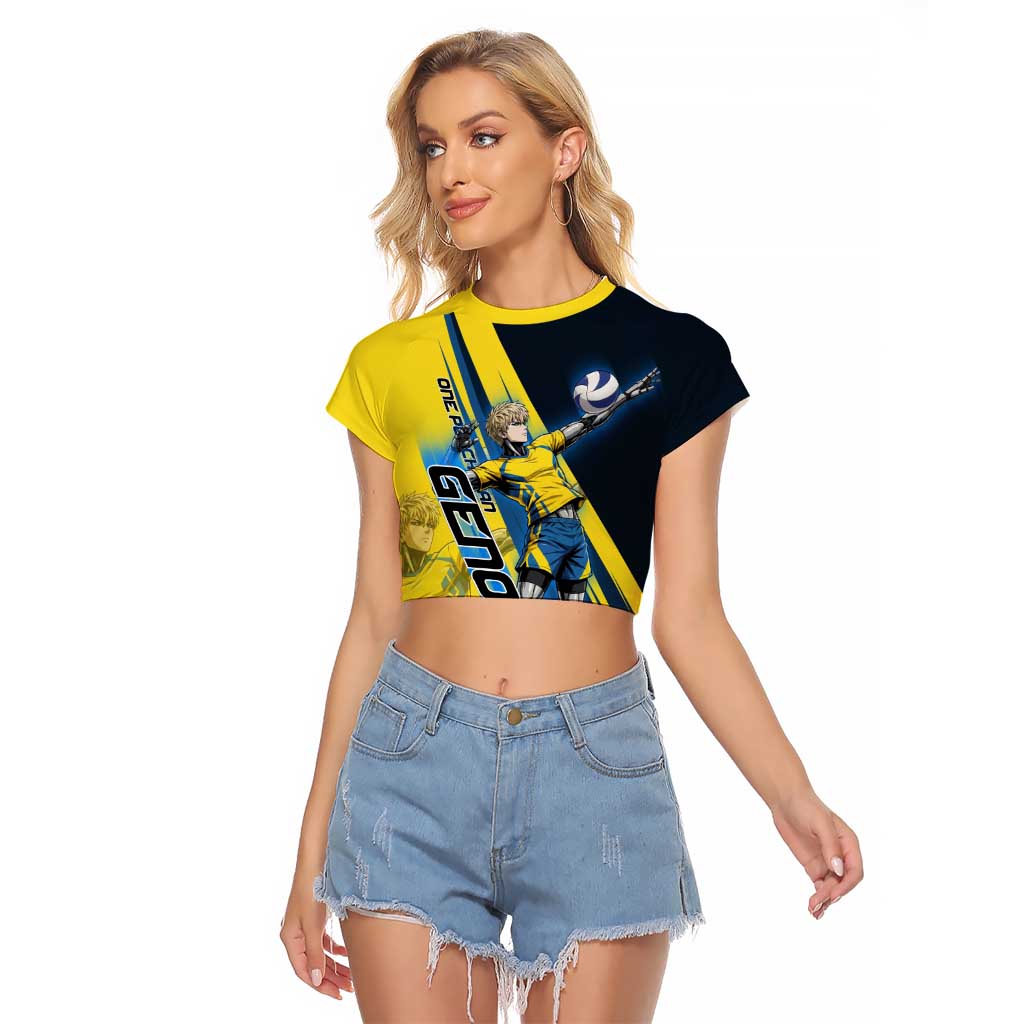 Personalized Genos Volleyball Design Raglan Cropped T Shirt with Yellow and Blue Athletic Theme and Dynamic Spike Pose