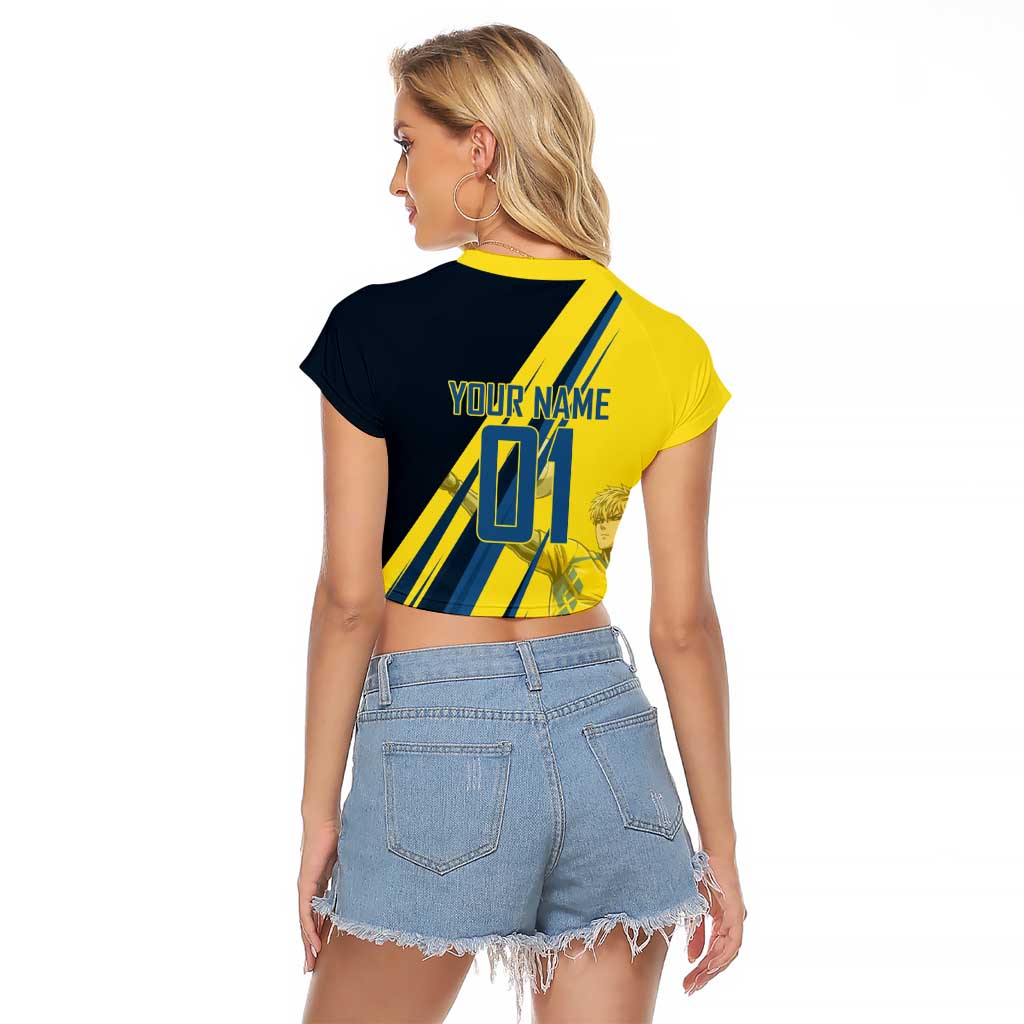 Personalized Genos Volleyball Design Raglan Cropped T Shirt with Yellow and Blue Athletic Theme and Dynamic Spike Pose