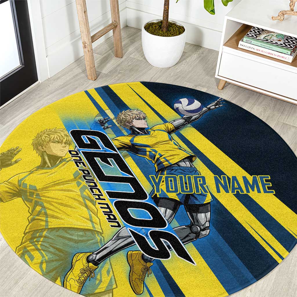 Personalized Genos Volleyball Design Round Carpet with Yellow and Blue Athletic Theme and Dynamic Spike Pose