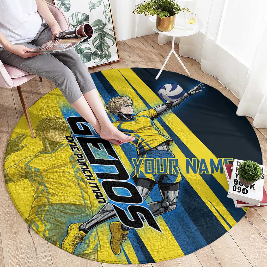 Personalized Genos Volleyball Design Round Carpet with Yellow and Blue Athletic Theme and Dynamic Spike Pose