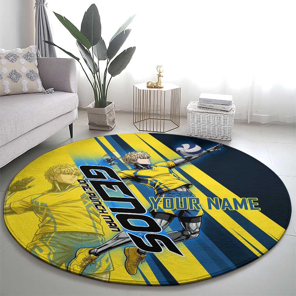 Personalized Genos Volleyball Design Round Carpet with Yellow and Blue Athletic Theme and Dynamic Spike Pose