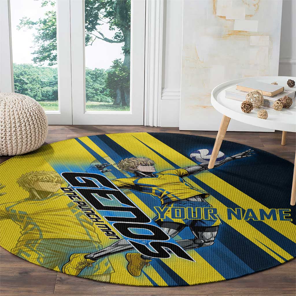 Personalized Genos Volleyball Design Round Carpet with Yellow and Blue Athletic Theme and Dynamic Spike Pose