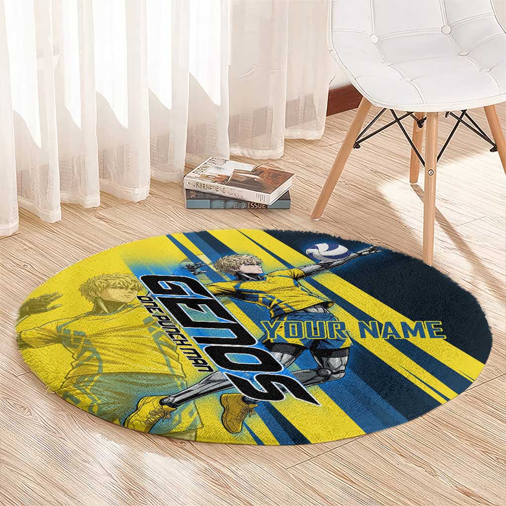 Personalized Genos Volleyball Design Round Carpet with Yellow and Blue Athletic Theme and Dynamic Spike Pose