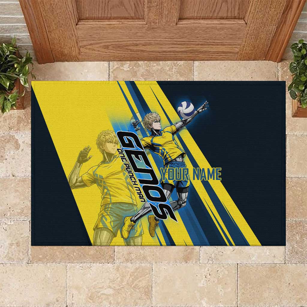 Personalized Genos Volleyball Design Rubber Doormat with Yellow and Blue Athletic Theme and Dynamic Spike Pose