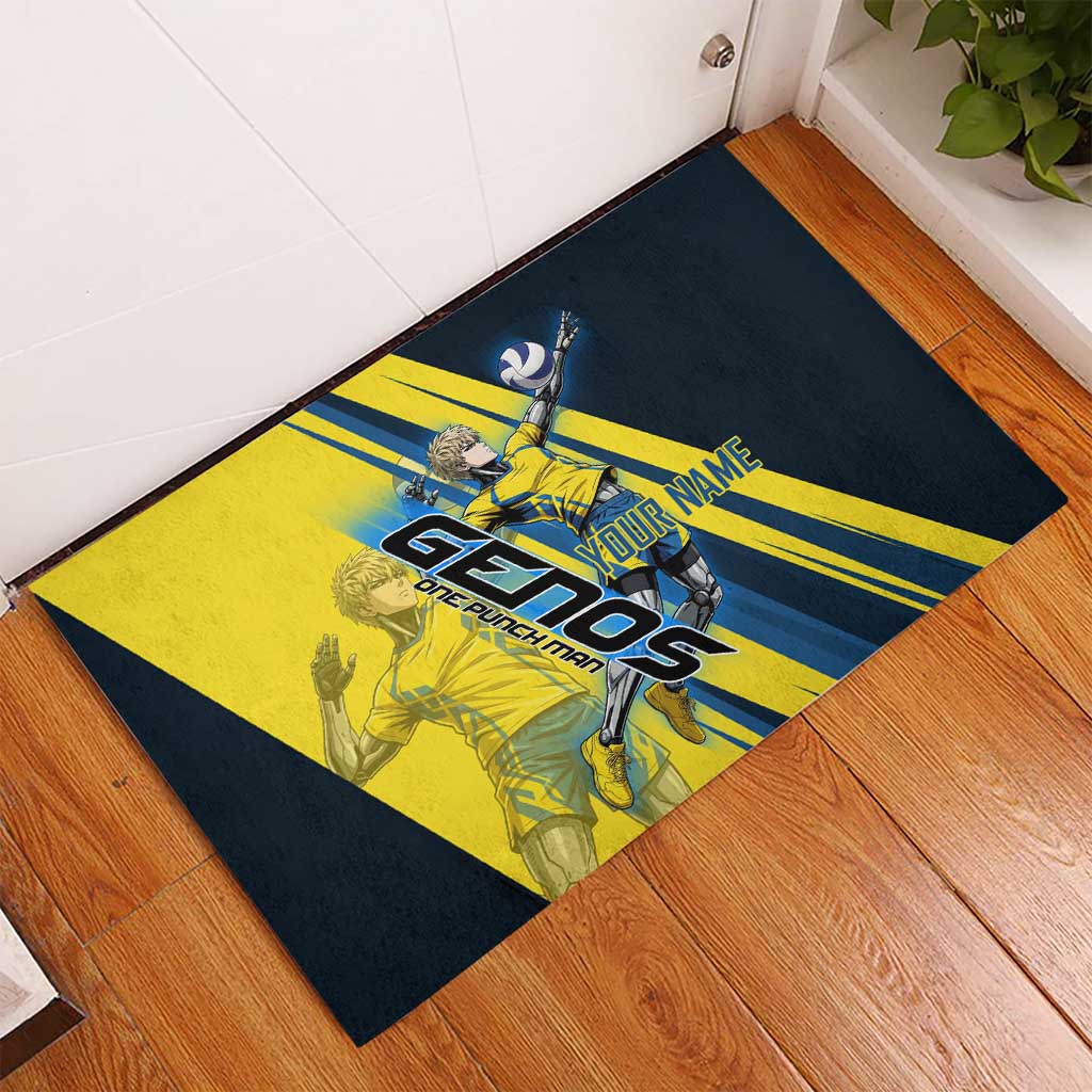 Personalized Genos Volleyball Design Rubber Doormat with Yellow and Blue Athletic Theme and Dynamic Spike Pose
