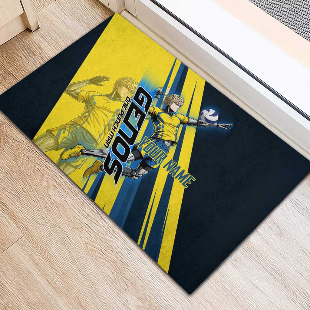 Personalized Genos Volleyball Design Rubber Doormat with Yellow and Blue Athletic Theme and Dynamic Spike Pose
