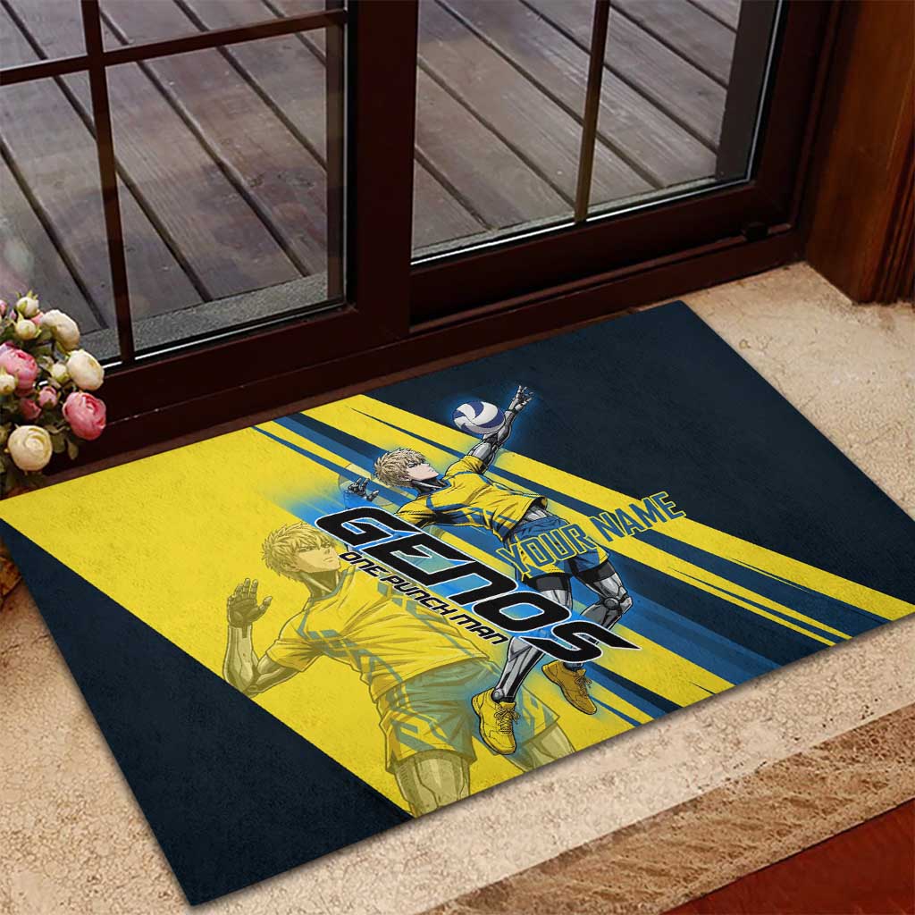 Personalized Genos Volleyball Design Rubber Doormat with Yellow and Blue Athletic Theme and Dynamic Spike Pose