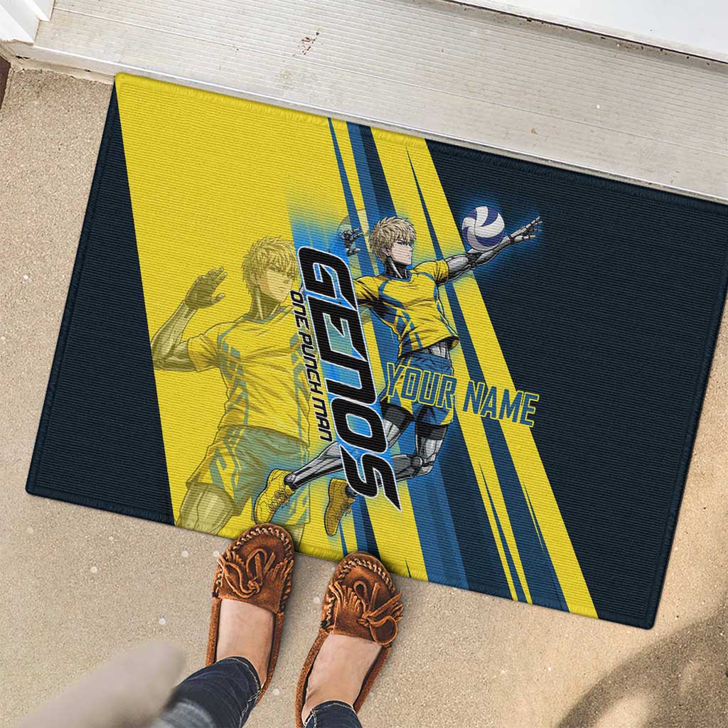 Personalized Genos Volleyball Design Rubber Doormat with Yellow and Blue Athletic Theme and Dynamic Spike Pose