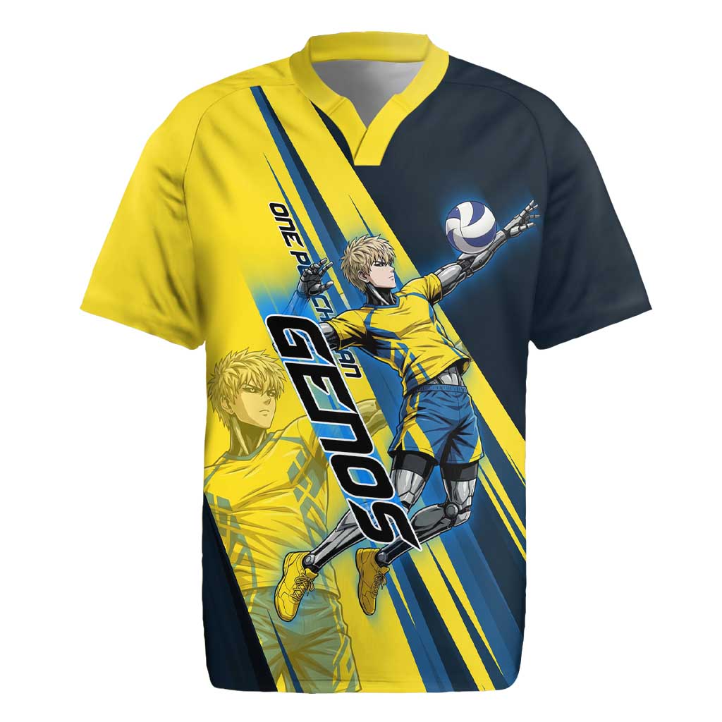 Personalized Genos Volleyball Design Rugby Jersey with Yellow and Blue Athletic Theme and Dynamic Spike Pose