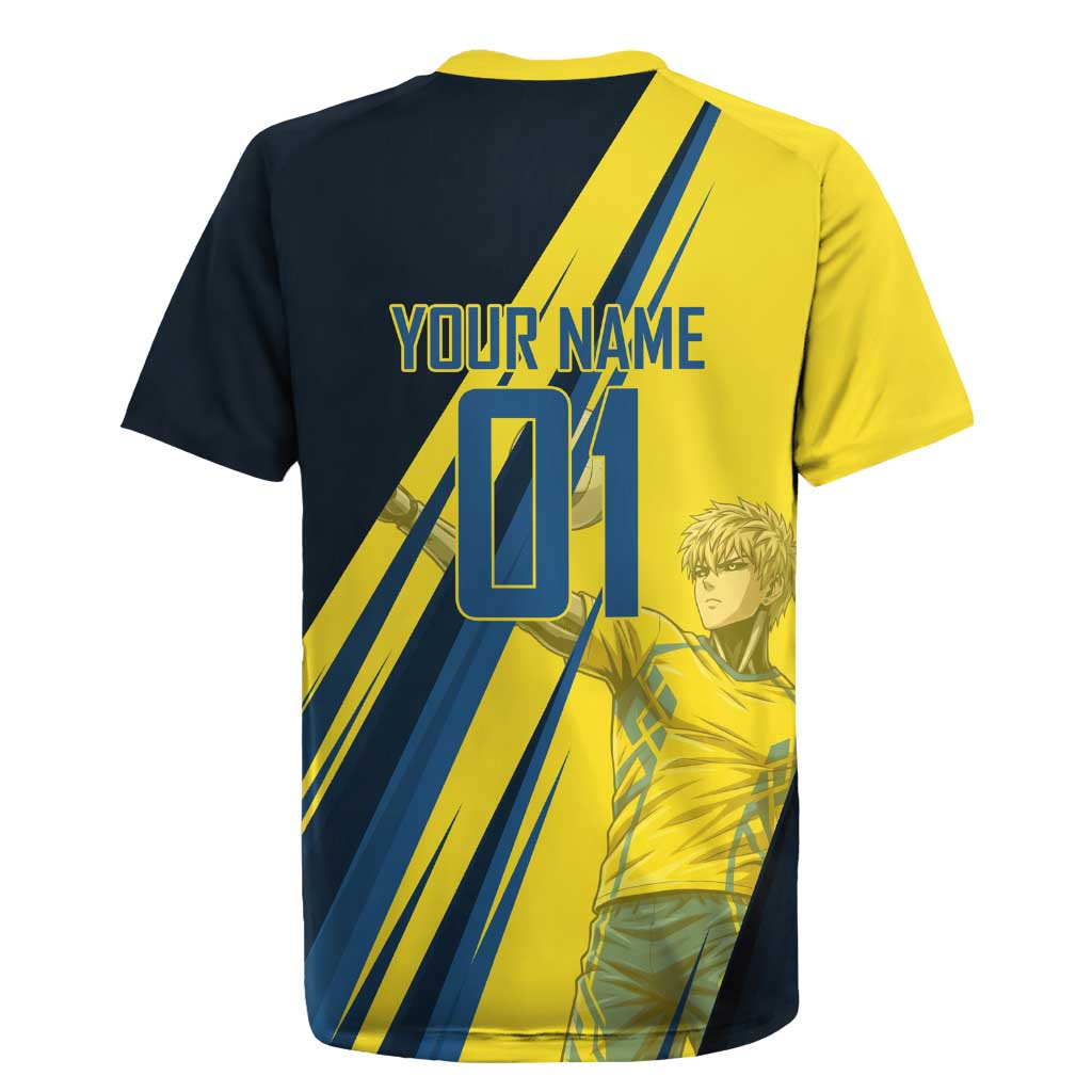 Personalized Genos Volleyball Design Rugby Jersey with Yellow and Blue Athletic Theme and Dynamic Spike Pose