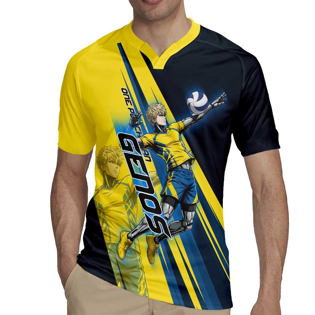 Personalized Genos Volleyball Design Rugby Jersey with Yellow and Blue Athletic Theme and Dynamic Spike Pose