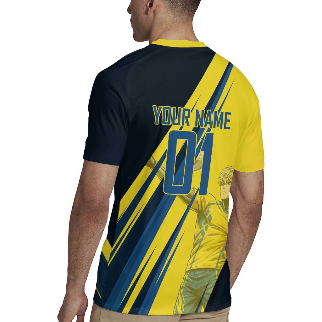 Personalized Genos Volleyball Design Rugby Jersey with Yellow and Blue Athletic Theme and Dynamic Spike Pose