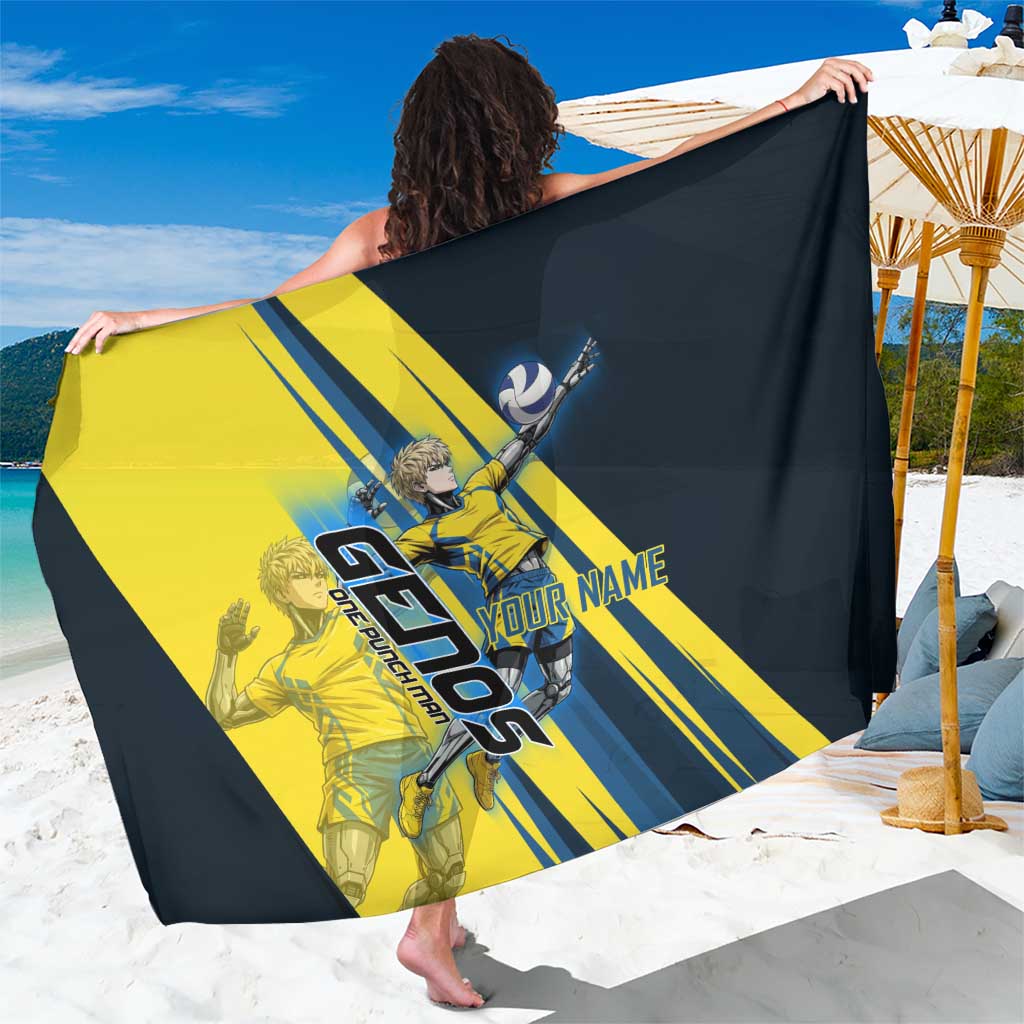 Personalized Genos Volleyball Design Sarong with Yellow and Blue Athletic Theme and Dynamic Spike Pose