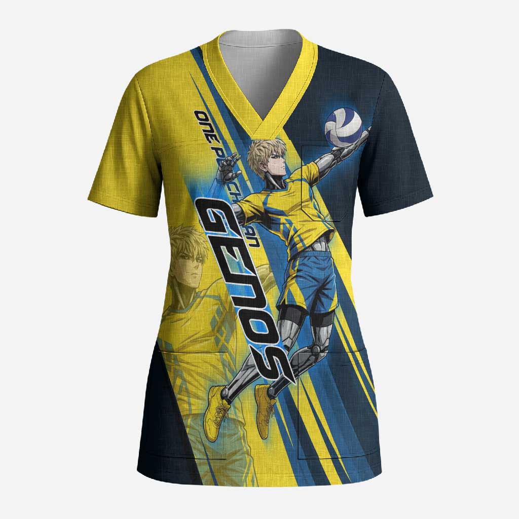 Personalized Genos Volleyball Design Scrub Top with Yellow and Blue Athletic Theme and Dynamic Spike Pose