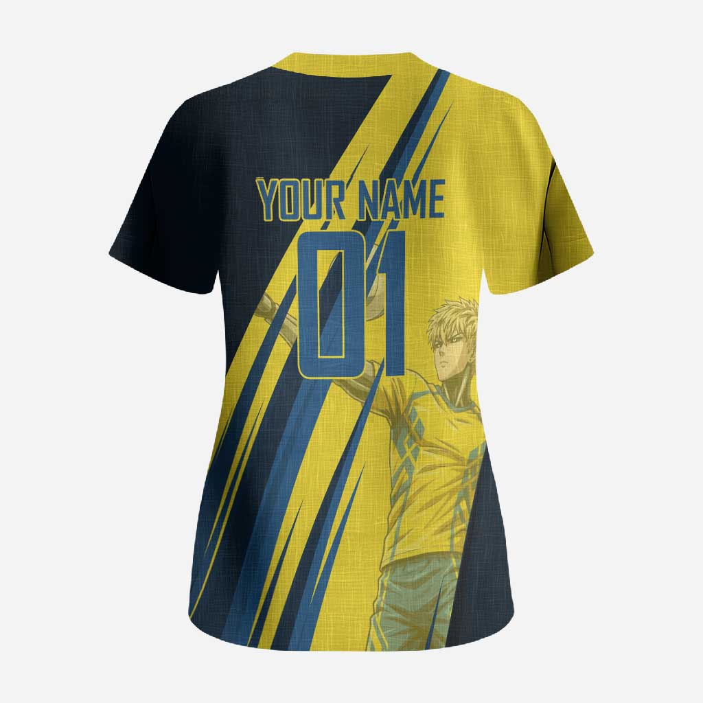 Personalized Genos Volleyball Design Scrub Top with Yellow and Blue Athletic Theme and Dynamic Spike Pose