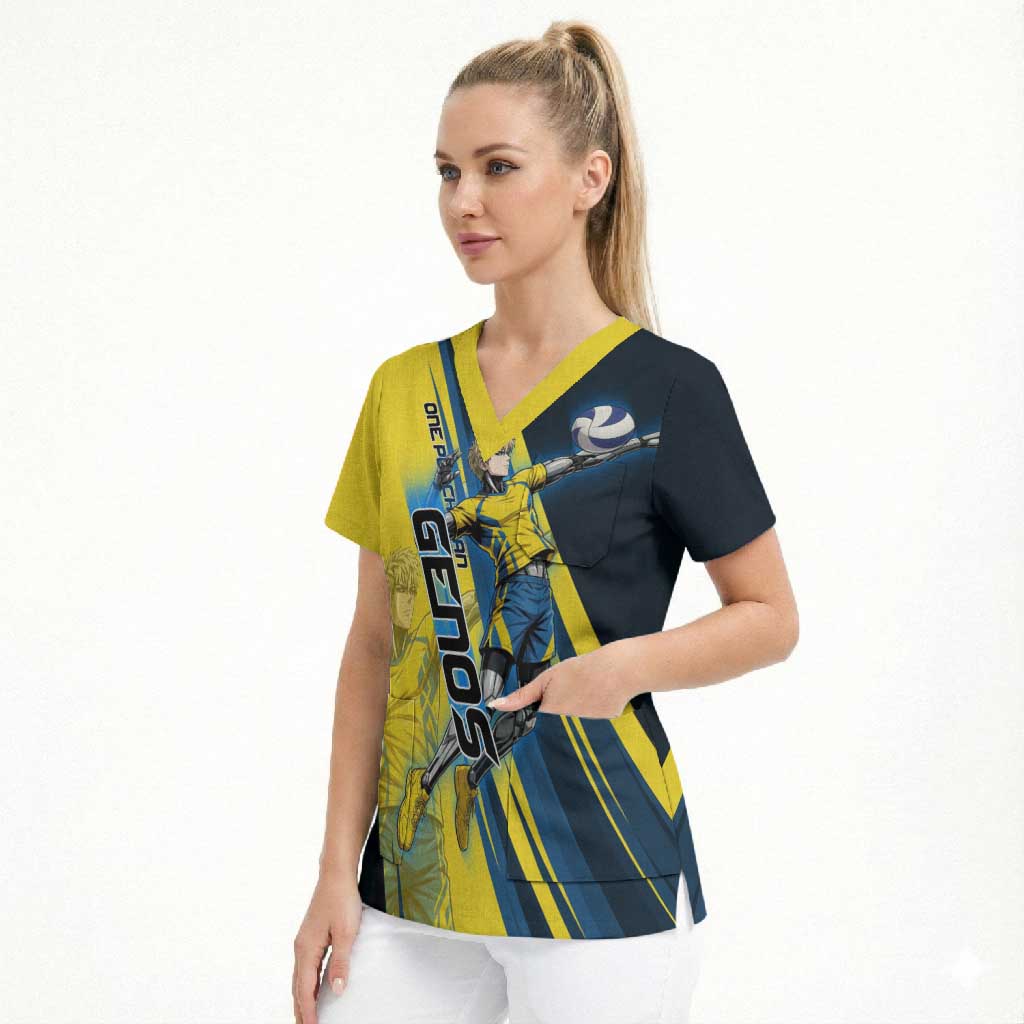 Personalized Genos Volleyball Design Scrub Top with Yellow and Blue Athletic Theme and Dynamic Spike Pose