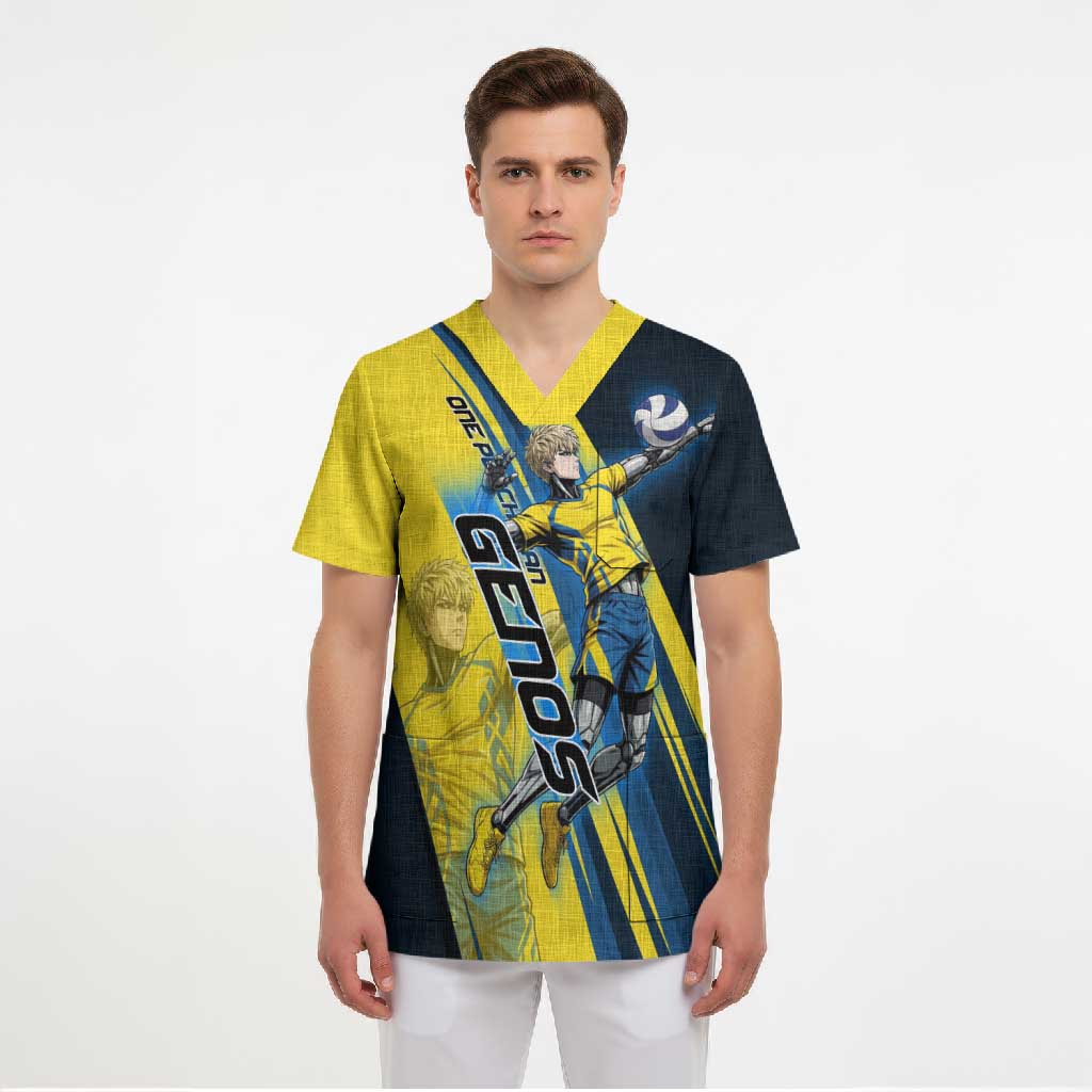 Personalized Genos Volleyball Design Scrub Top with Yellow and Blue Athletic Theme and Dynamic Spike Pose