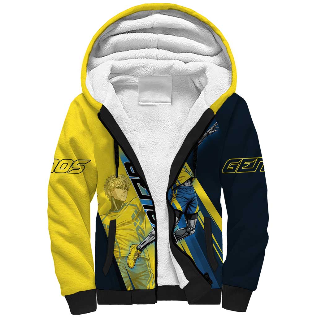 Personalized Genos Volleyball Design Sherpa Hoodie with Yellow and Blue Athletic Theme and Dynamic Spike Pose