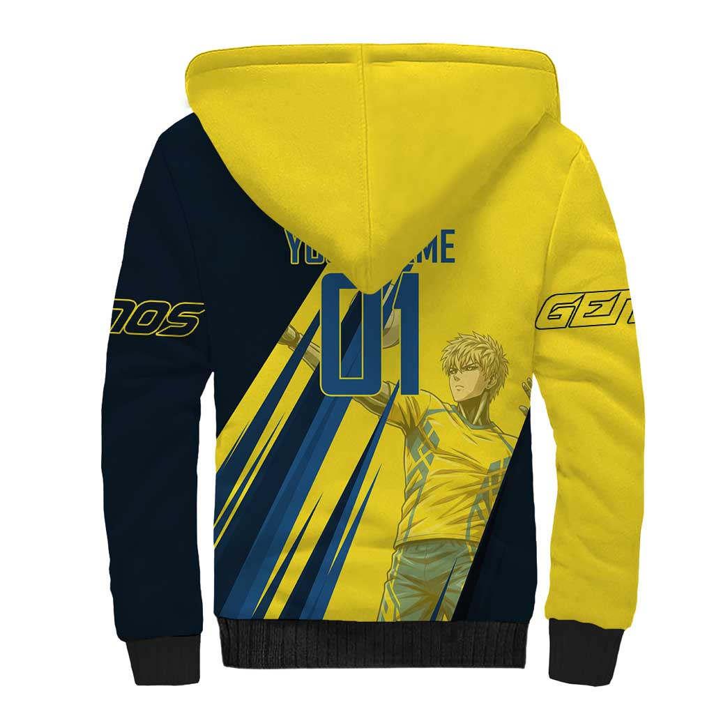 Personalized Genos Volleyball Design Sherpa Hoodie with Yellow and Blue Athletic Theme and Dynamic Spike Pose