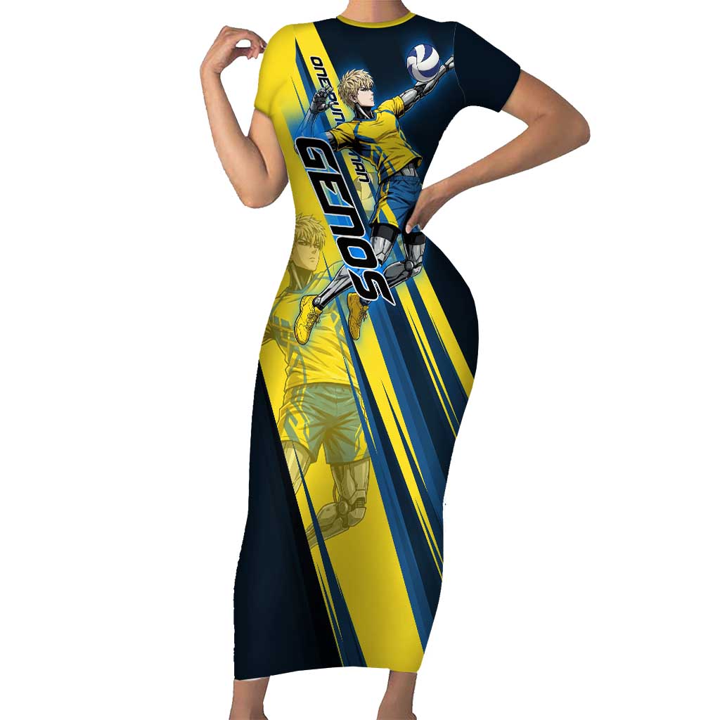 Personalized Genos Volleyball Design Short Sleeve Bodycon Dress with Yellow and Blue Athletic Theme and Dynamic Spike Pose