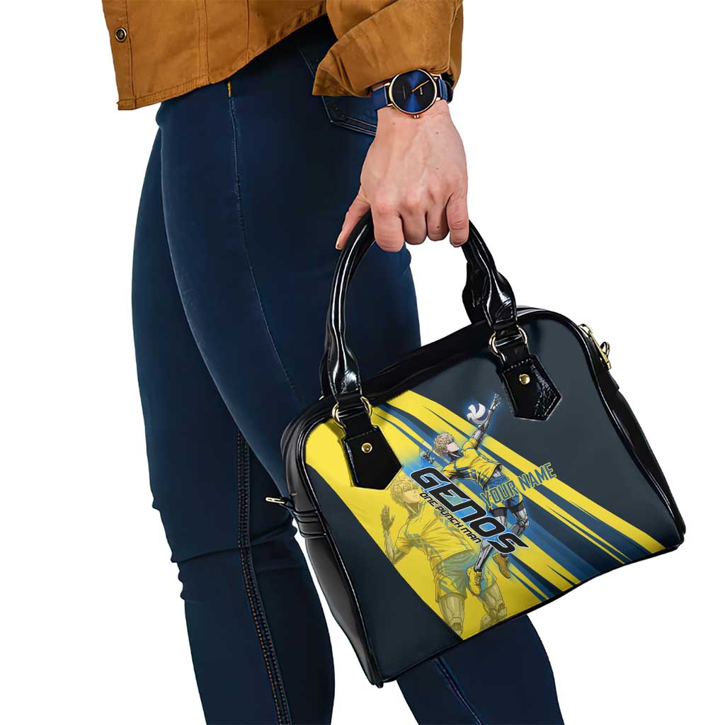 Personalized Genos Volleyball Design Shoulder Handbag with Yellow and Blue Athletic Theme and Dynamic Spike Pose