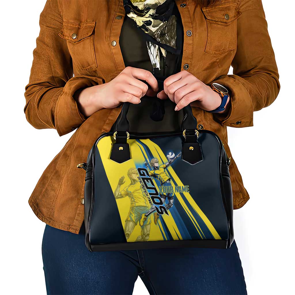 Personalized Genos Volleyball Design Shoulder Handbag with Yellow and Blue Athletic Theme and Dynamic Spike Pose