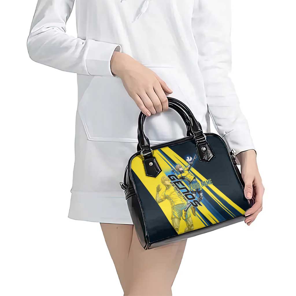 Personalized Genos Volleyball Design Shoulder Handbag with Yellow and Blue Athletic Theme and Dynamic Spike Pose
