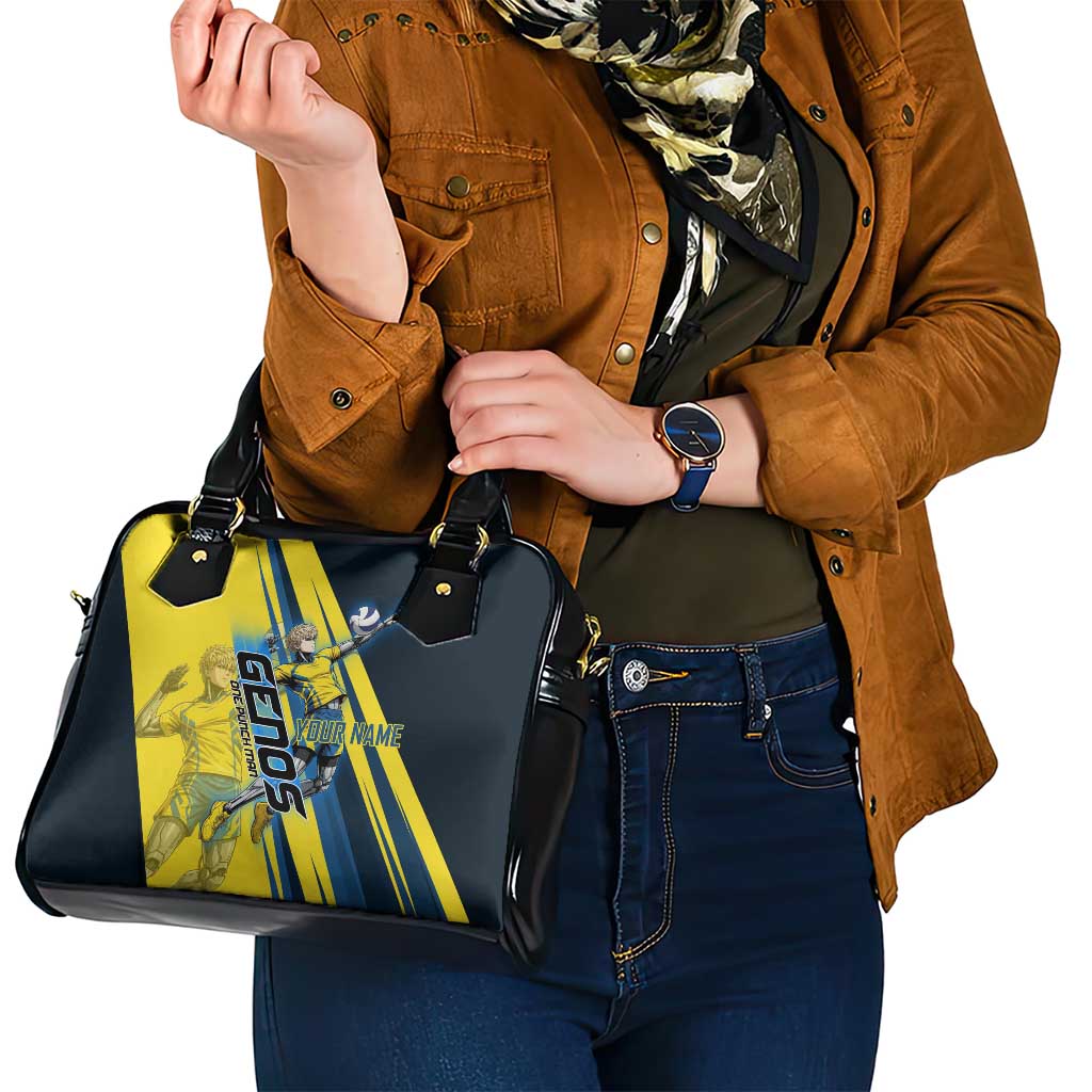 Personalized Genos Volleyball Design Shoulder Handbag with Yellow and Blue Athletic Theme and Dynamic Spike Pose