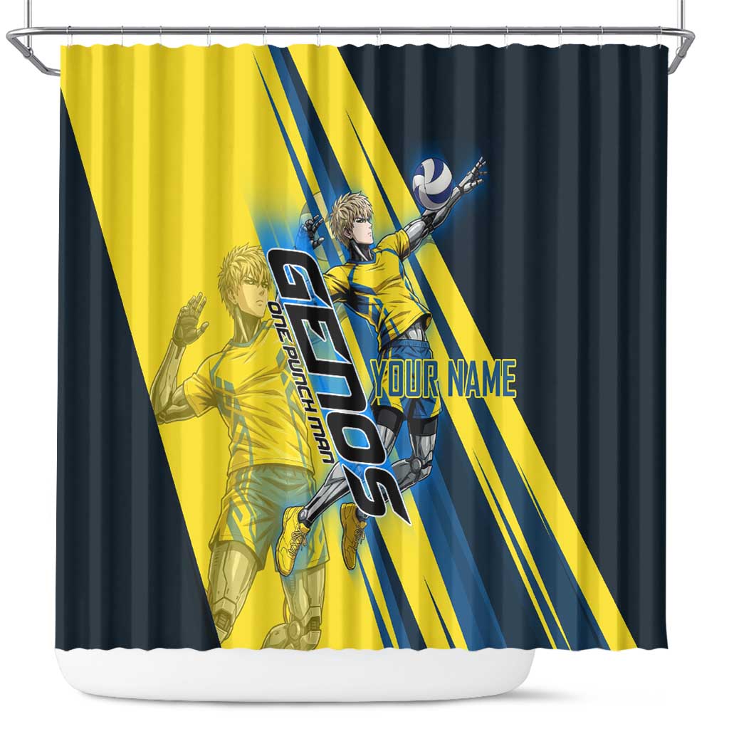 Personalized Genos Volleyball Design Shower Curtain with Yellow and Blue Athletic Theme and Dynamic Spike Pose
