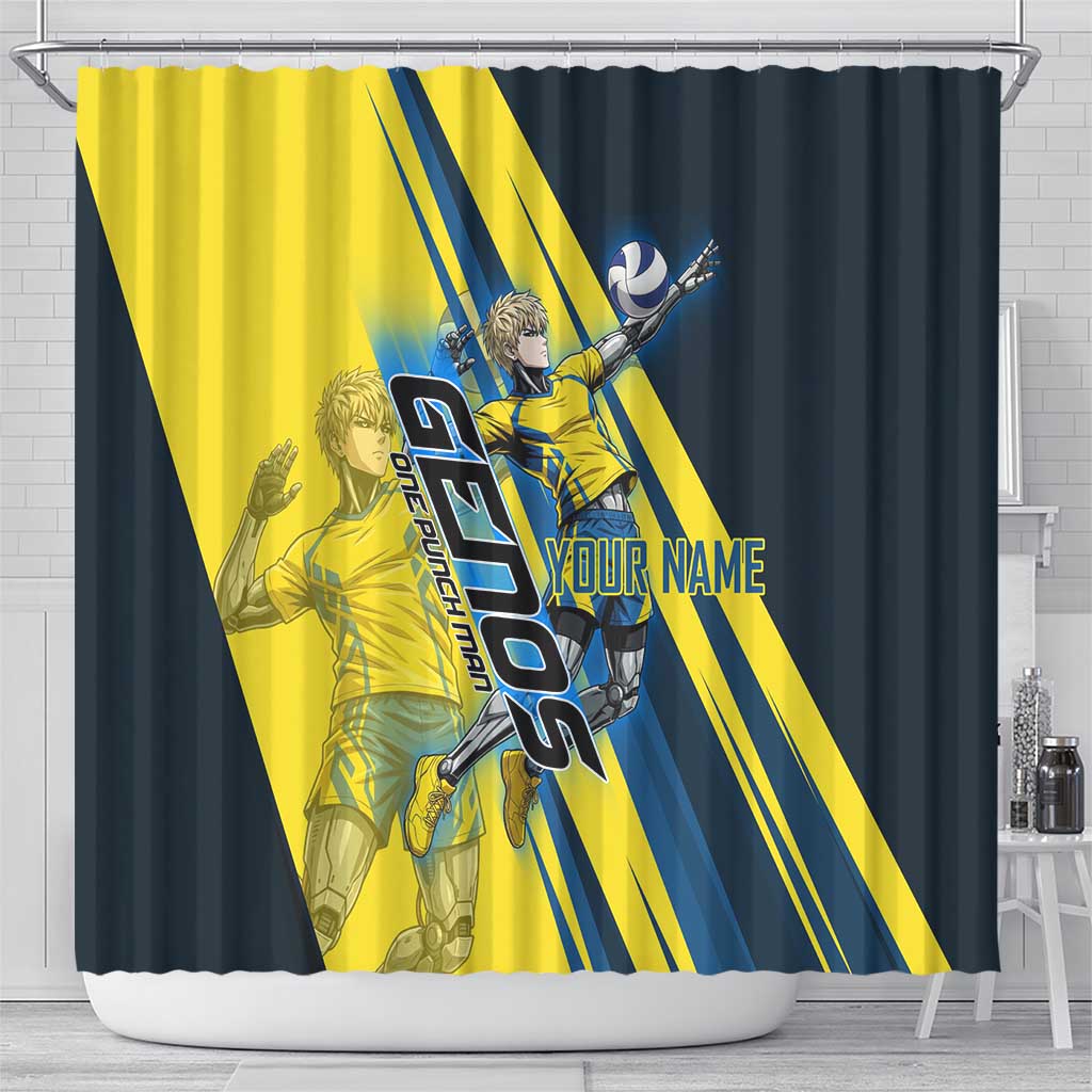 Personalized Genos Volleyball Design Shower Curtain with Yellow and Blue Athletic Theme and Dynamic Spike Pose