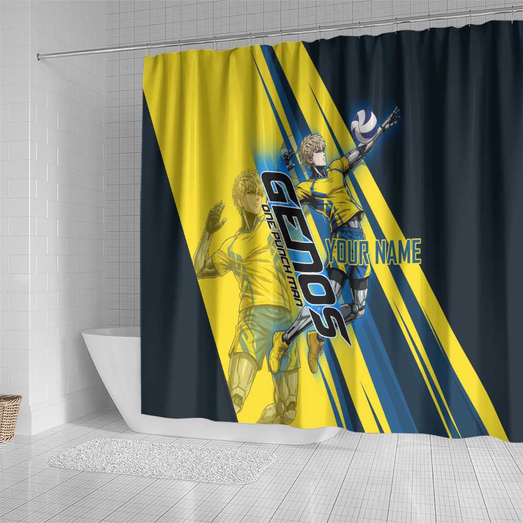 Personalized Genos Volleyball Design Shower Curtain with Yellow and Blue Athletic Theme and Dynamic Spike Pose