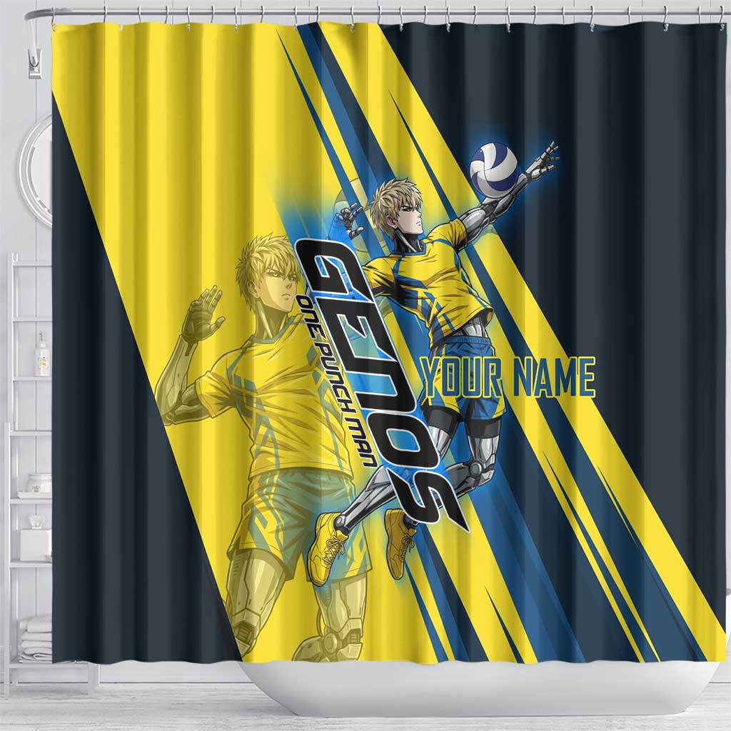 Personalized Genos Volleyball Design Shower Curtain with Yellow and Blue Athletic Theme and Dynamic Spike Pose