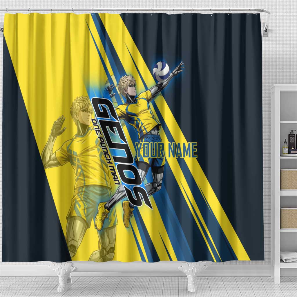 Personalized Genos Volleyball Design Shower Curtain with Yellow and Blue Athletic Theme and Dynamic Spike Pose