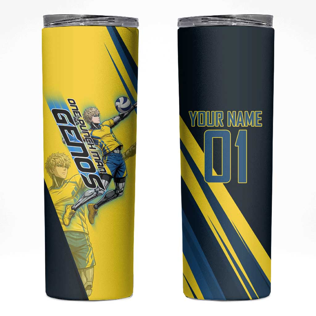 Personalized Genos Volleyball Design Skinny Tumbler with Yellow and Blue Athletic Theme and Dynamic Spike Pose