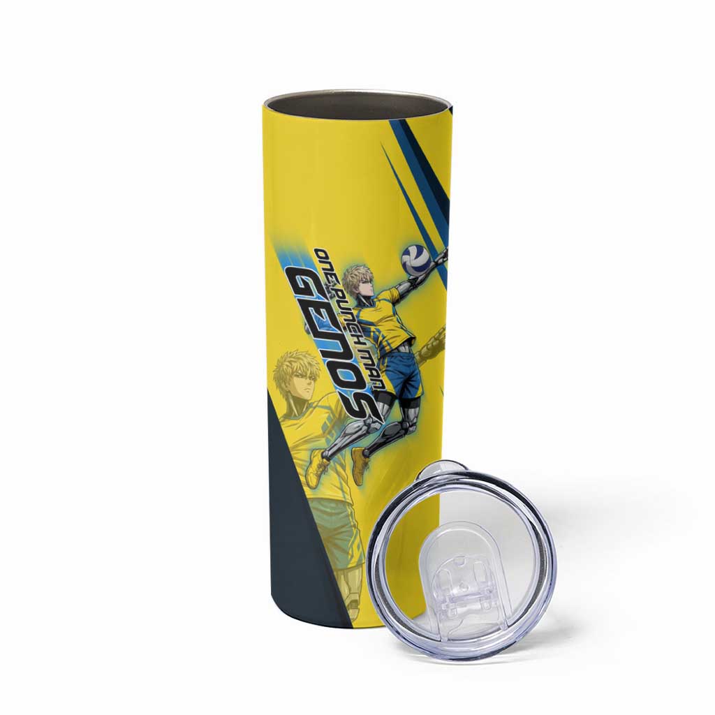 Personalized Genos Volleyball Design Skinny Tumbler with Yellow and Blue Athletic Theme and Dynamic Spike Pose