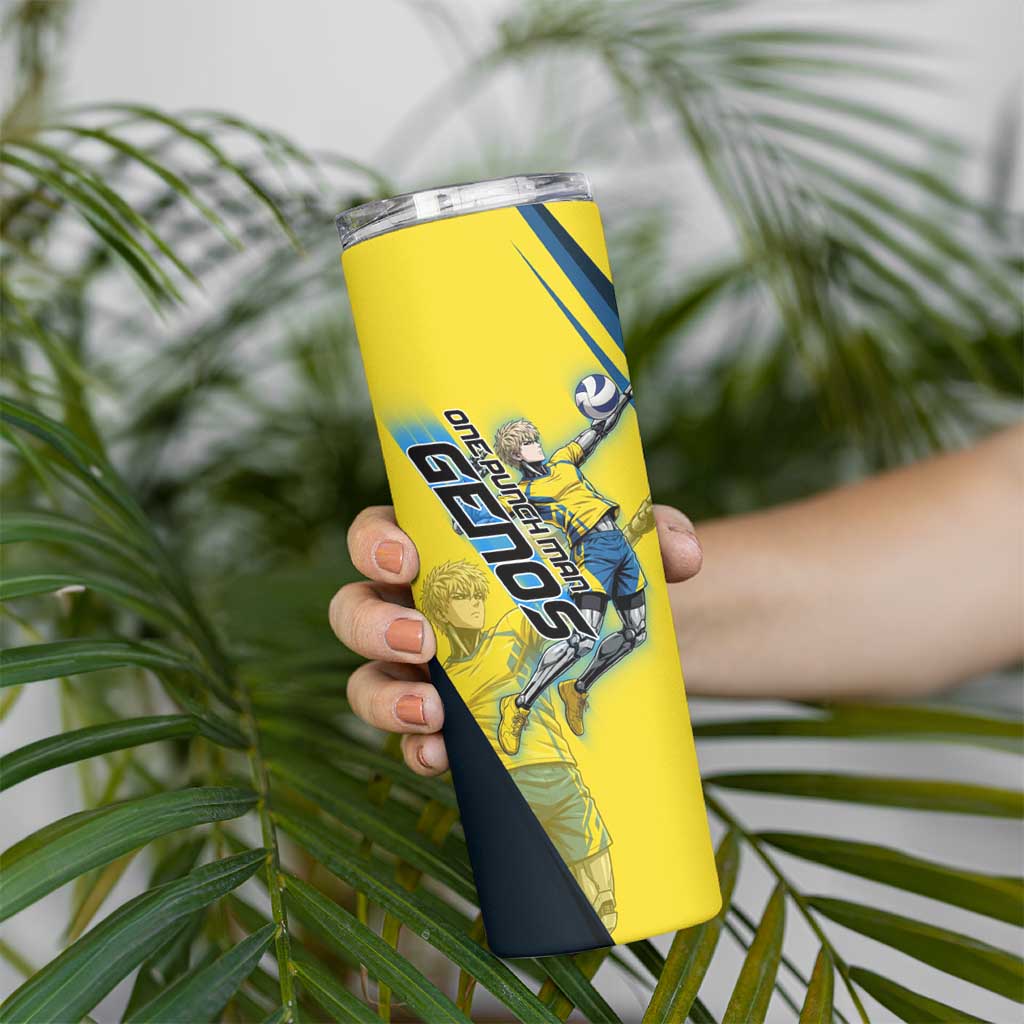 Personalized Genos Volleyball Design Skinny Tumbler with Yellow and Blue Athletic Theme and Dynamic Spike Pose