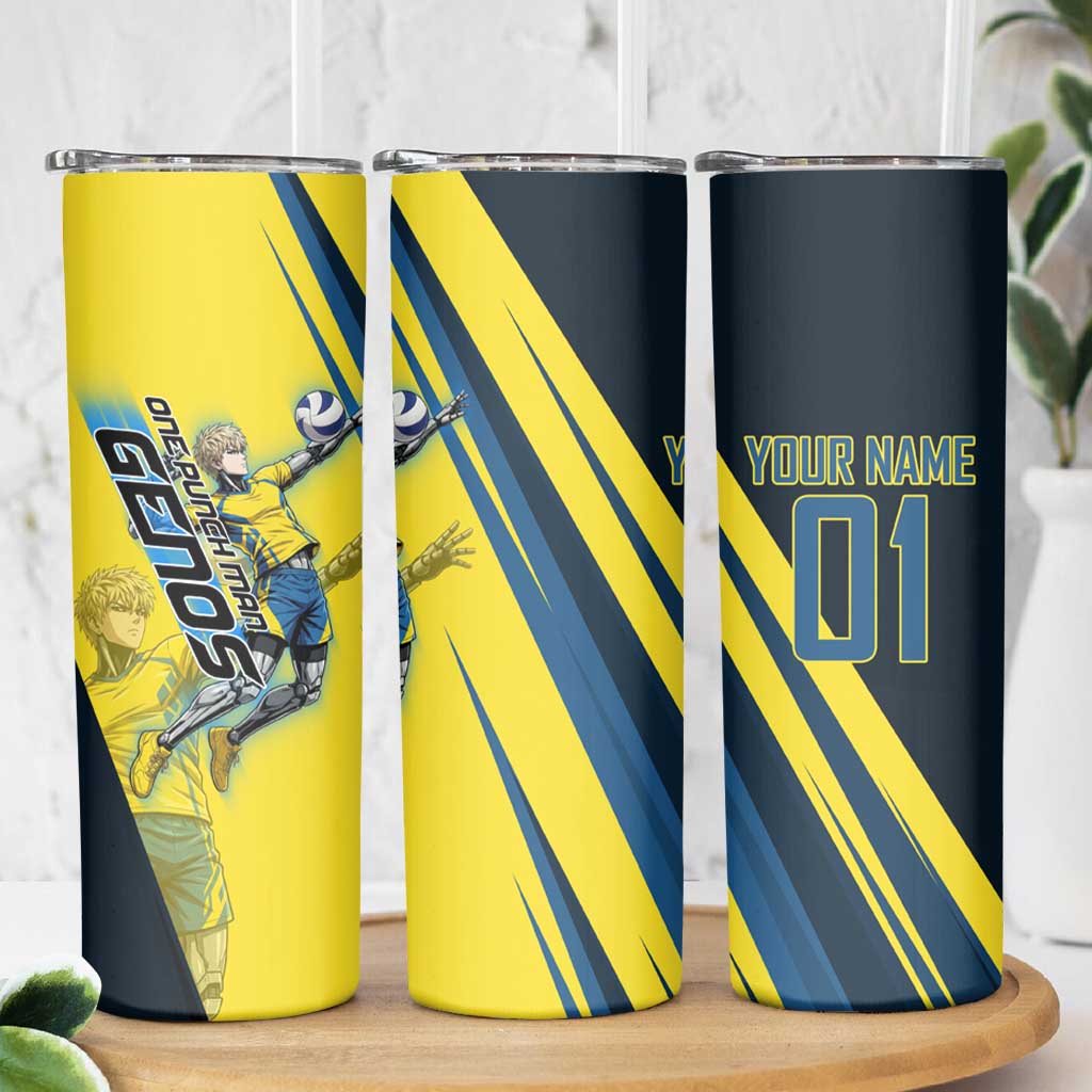 Personalized Genos Volleyball Design Skinny Tumbler with Yellow and Blue Athletic Theme and Dynamic Spike Pose