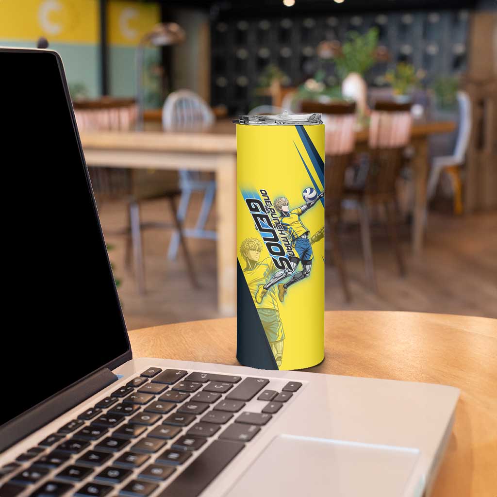 Personalized Genos Volleyball Design Skinny Tumbler with Yellow and Blue Athletic Theme and Dynamic Spike Pose