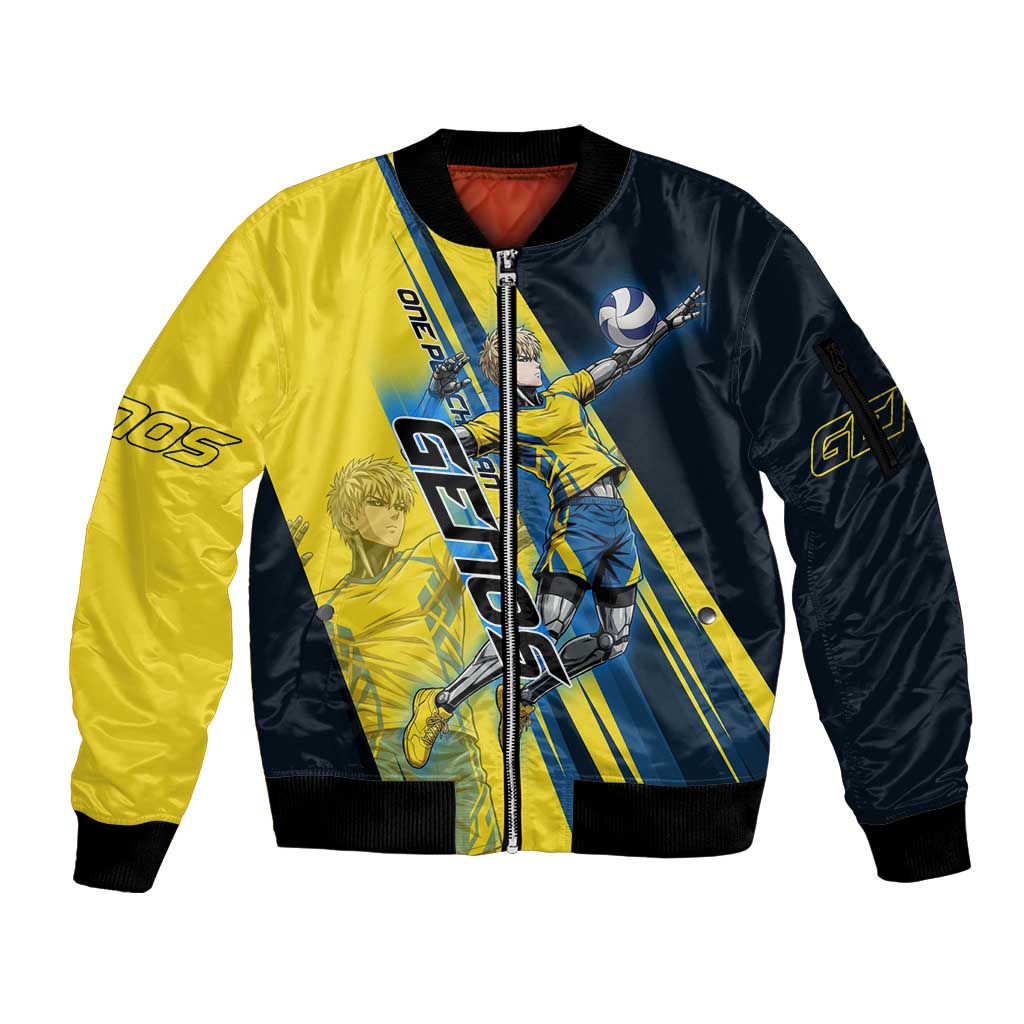 Personalized Genos Volleyball Design Sleeve Zip Bomber Jacket with Yellow and Blue Athletic Theme and Dynamic Spike Pose