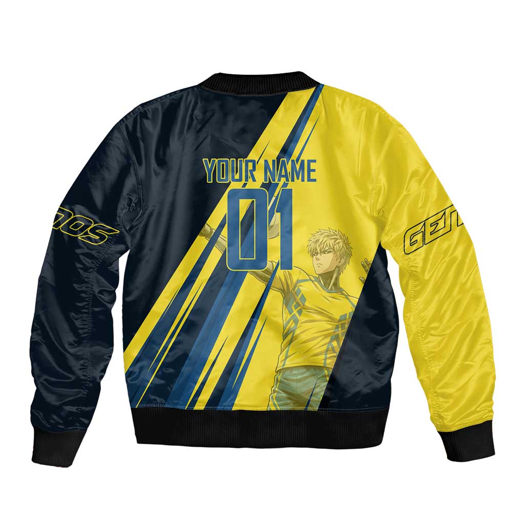 Personalized Genos Volleyball Design Sleeve Zip Bomber Jacket with Yellow and Blue Athletic Theme and Dynamic Spike Pose