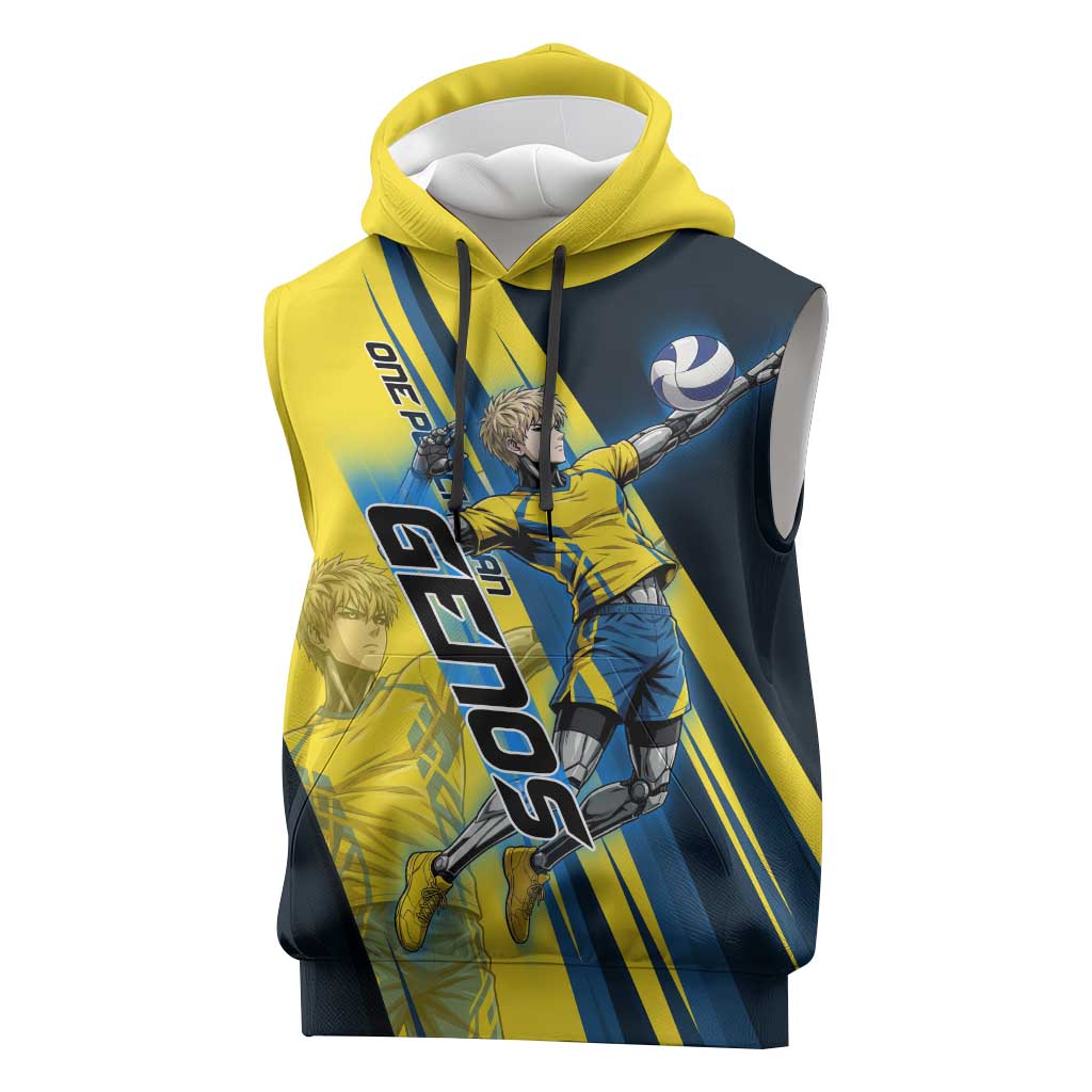 Personalized Genos Volleyball Design Sleeveless Hoodie with Yellow and Blue Athletic Theme and Dynamic Spike Pose