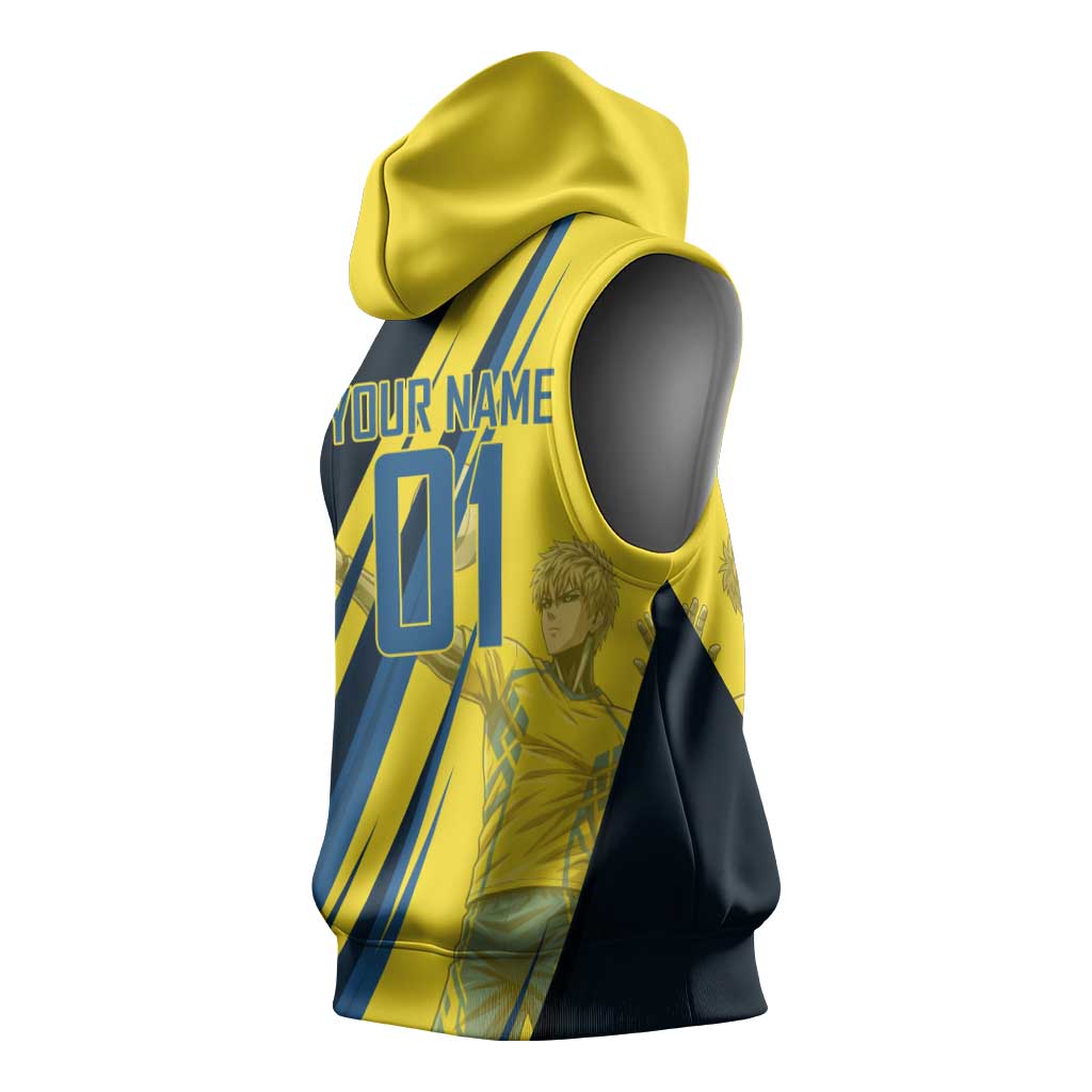 Personalized Genos Volleyball Design Sleeveless Hoodie with Yellow and Blue Athletic Theme and Dynamic Spike Pose