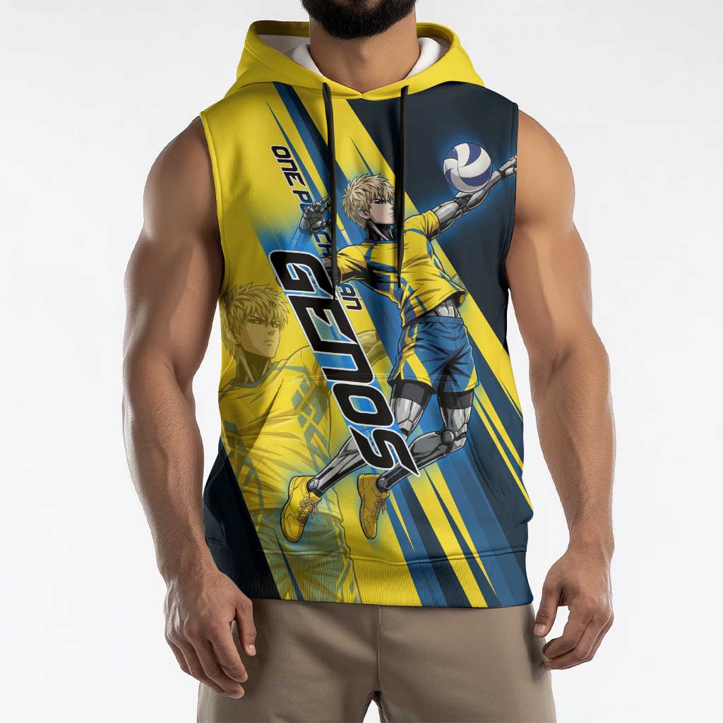 Personalized Genos Volleyball Design Sleeveless Hoodie with Yellow and Blue Athletic Theme and Dynamic Spike Pose