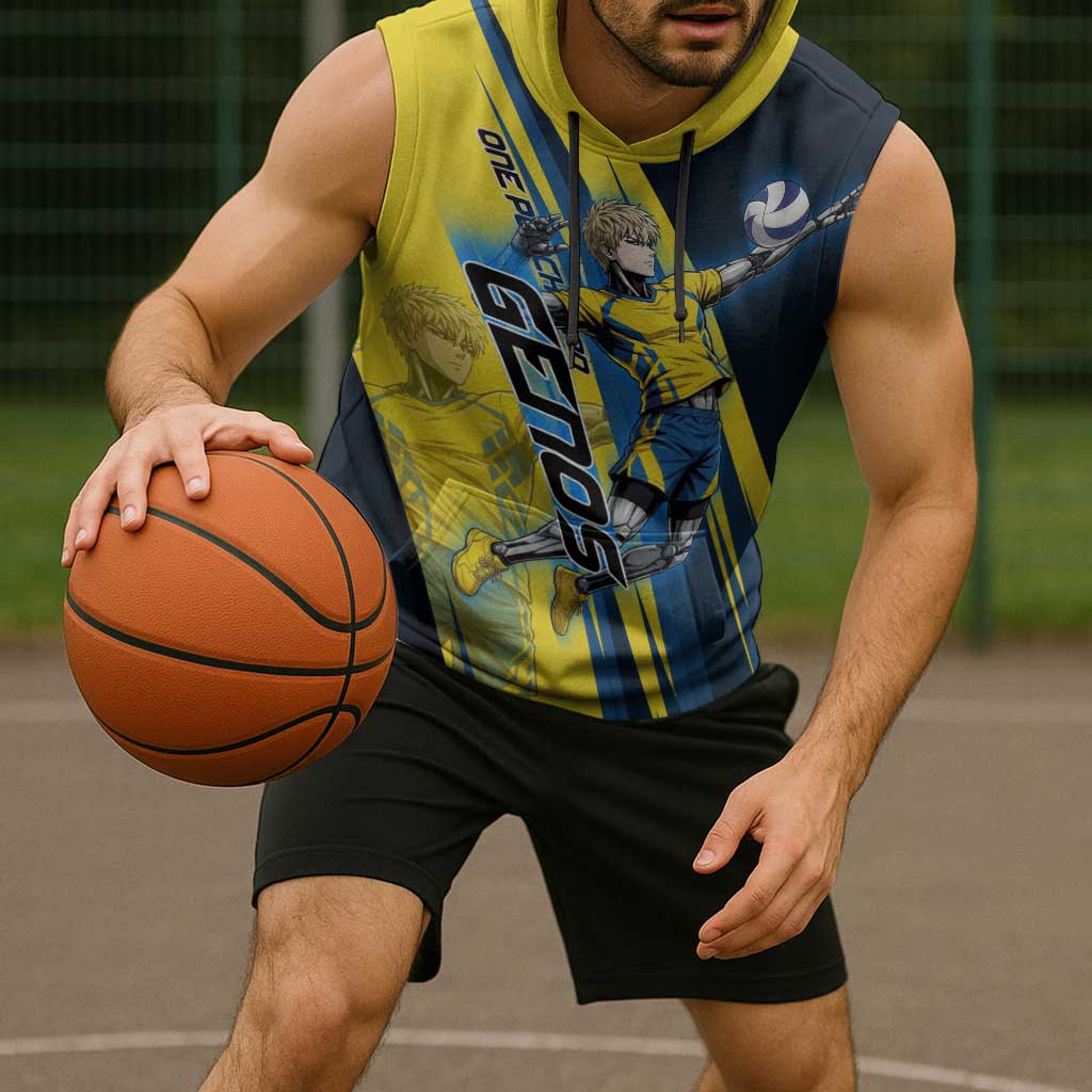 Personalized Genos Volleyball Design Sleeveless Hoodie with Yellow and Blue Athletic Theme and Dynamic Spike Pose