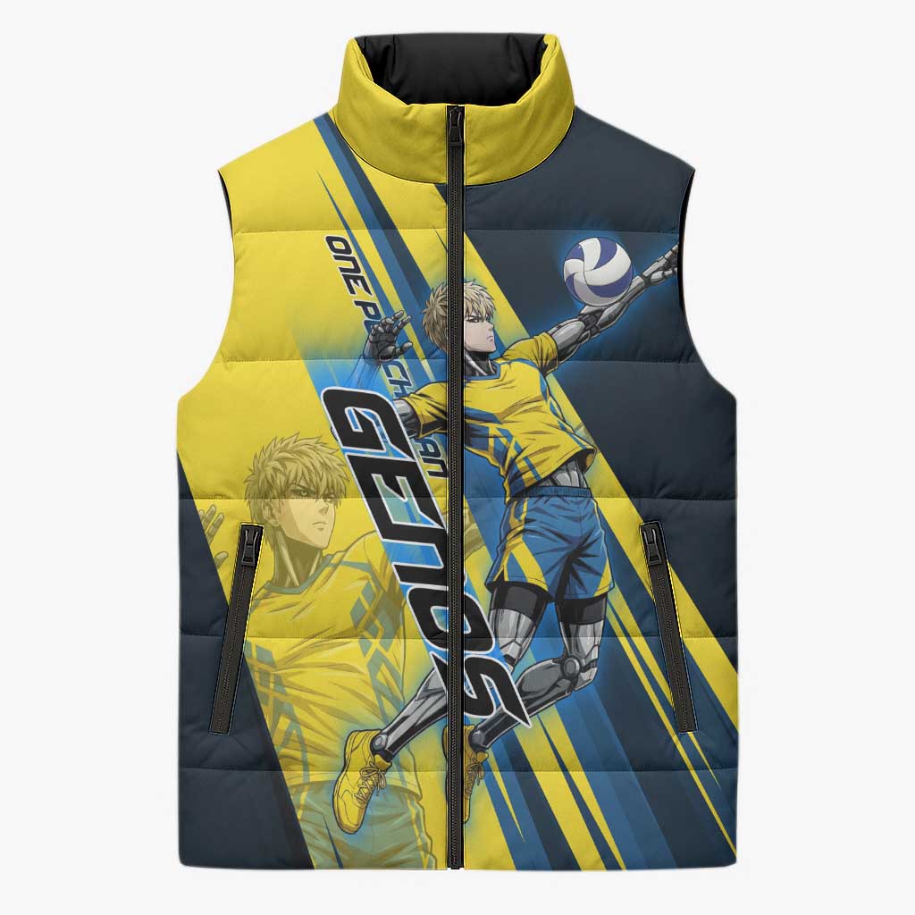 Personalized Genos Volleyball Design Sleeveless Puffer Jacket with Yellow and Blue Athletic Theme and Dynamic Spike Pose