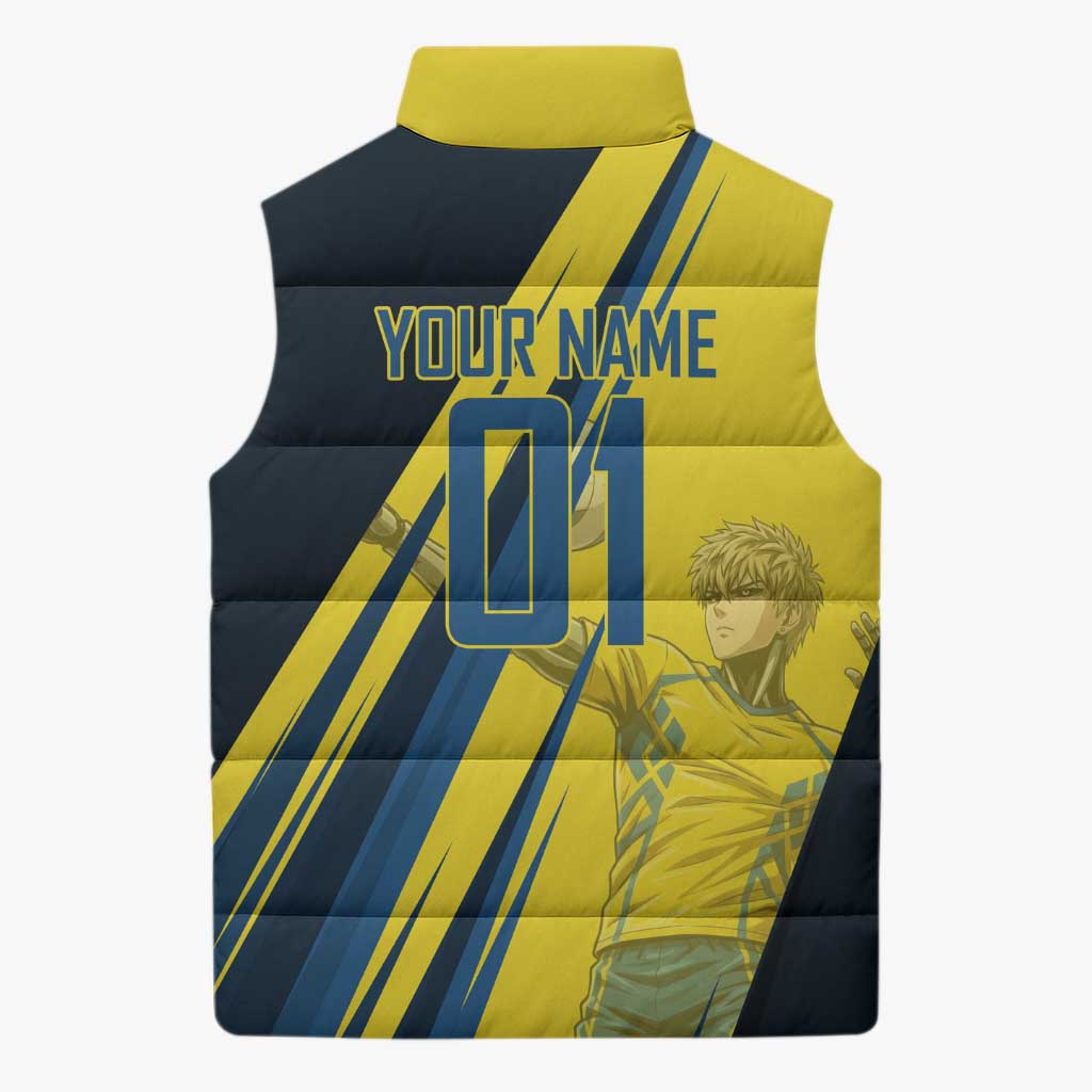 Personalized Genos Volleyball Design Sleeveless Puffer Jacket with Yellow and Blue Athletic Theme and Dynamic Spike Pose
