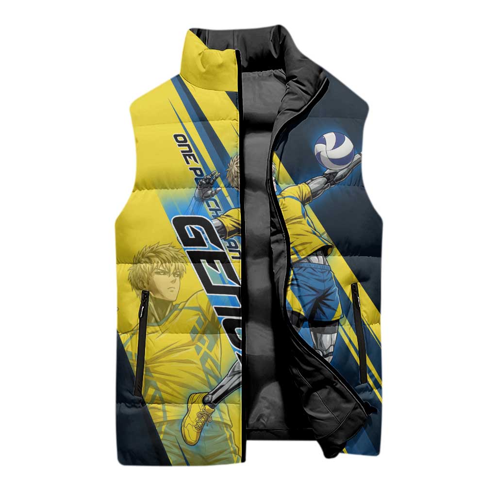 Personalized Genos Volleyball Design Sleeveless Puffer Jacket with Yellow and Blue Athletic Theme and Dynamic Spike Pose