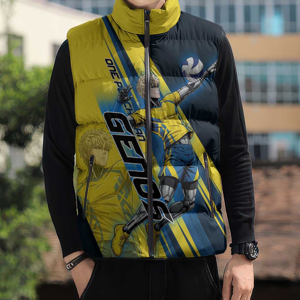 Personalized Genos Volleyball Design Sleeveless Puffer Jacket with Yellow and Blue Athletic Theme and Dynamic Spike Pose